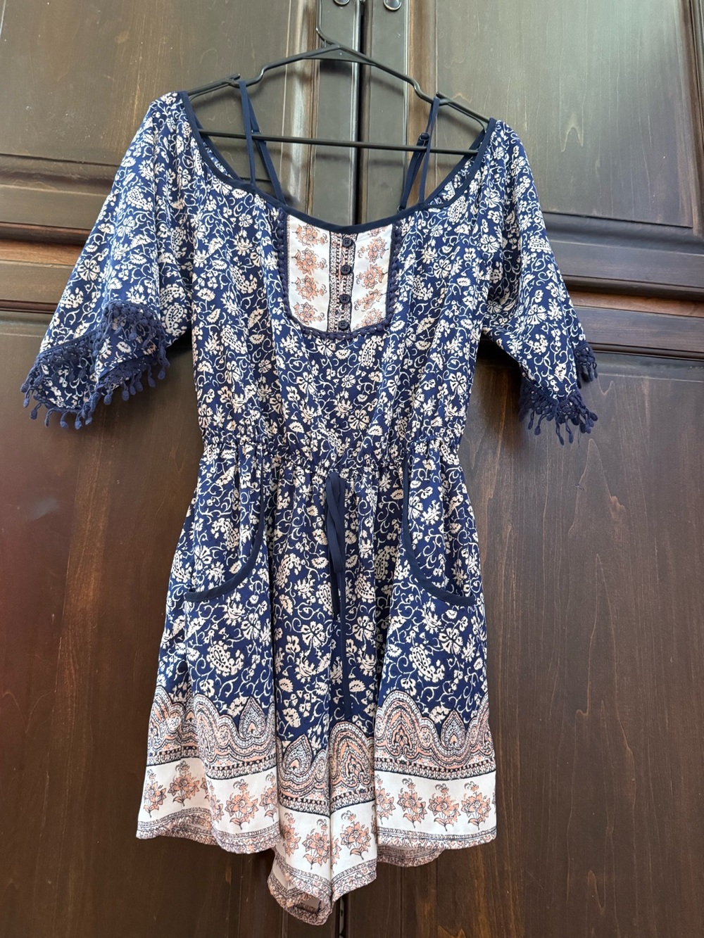 Xhilaration Blue Floral Boho Mini Dress Tassel Sleeve Size Small